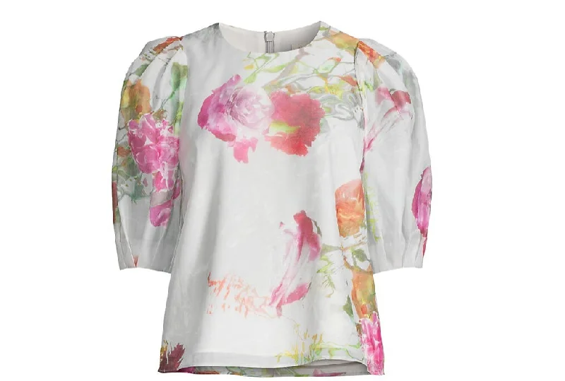Ted Baker Women's Pastel Floral Print Ayymee Puff-Sleeve Blouse Airy Cotton Blouse