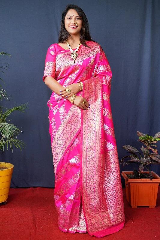 Jyoti Fashion Women's Pink Handloom Banarasi Silk Zari Woven Saree with Blouse Stylish Wrap Blouse Jyoti Fashion Women's Pink Handloom Banarasi Silk Zari Woven Saree with Blouse Stylish Wrap Blouse