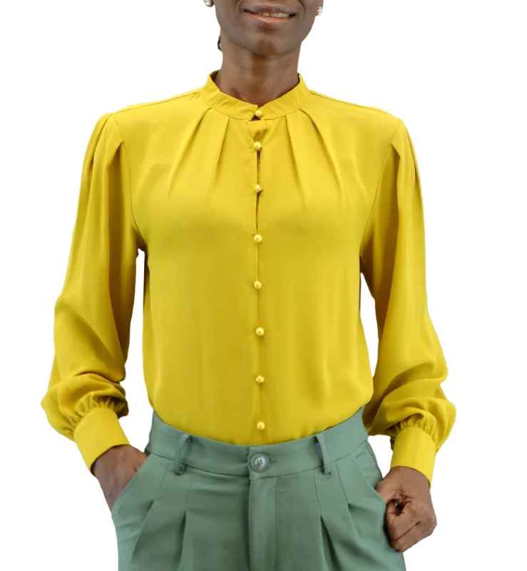 MT4448, Ladies' Chocolate USA L/S Pleated Blouse Modern Oversized Blouse