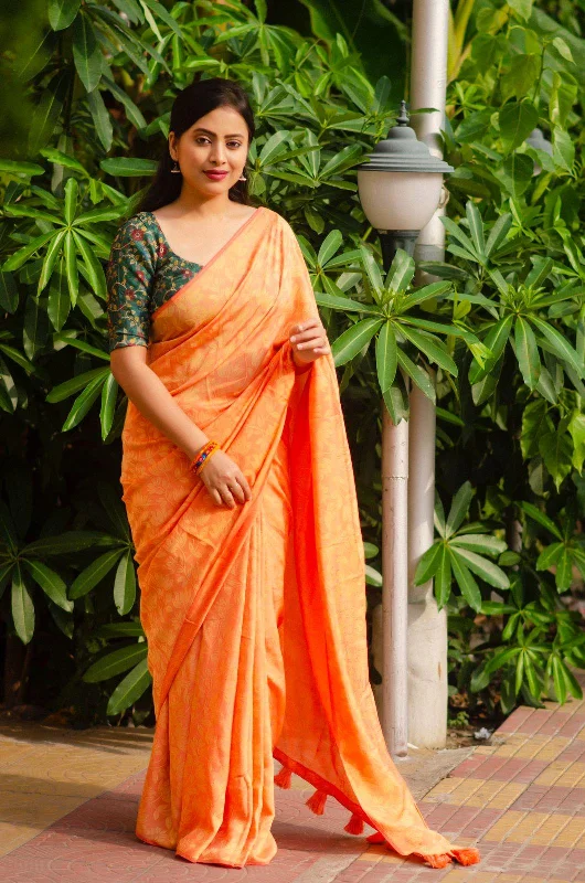 Saffron Jute Silk Woven Design Saree with Unstitched Blouse - A2M Gathered Detail Blouse Saffron Jute Silk Woven Design Saree with Unstitched Blouse - A2M Gathered Detail Blouse
