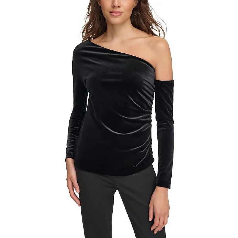 Womens Velvet Asymmetric Blouse Satin Bow Blouse