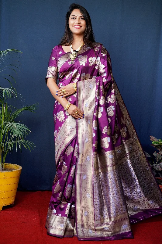 Jyoti Fashion Women's Wine Handloom Banarasi Silk Zari Woven Saree with Blouse Feminine Ruffle Blouse Jyoti Fashion Women's Wine Handloom Banarasi Silk Zari Woven Saree with Blouse Feminine Ruffle Blouse