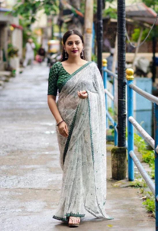 Green Pure Georgette Warli Saree with Unstitched Blouse - A2M Playful Puff Blouse