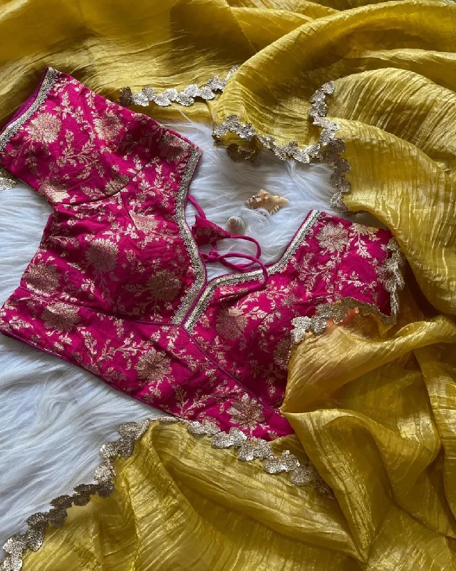 Lorenvalley Fashion Premium Yellow Rani Tissue Crush Saree with Jacquard Weaving Stitched Blouse Lightweight Chiffon Blouse Lorenvalley Fashion Premium Yellow Rani Tissue Crush Saree with Jacquard Weaving Stitched Blouse Lightweight Chiffon Blouse