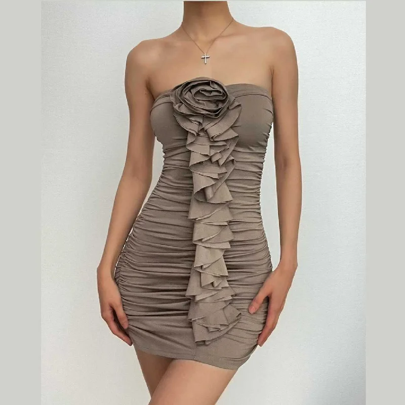 BerryBetty - Solid ruched ruffle flower applique backless tube mini dress Elegant Satin Mini Dress BerryBetty - Solid ruched ruffle flower applique backless tube mini dress Elegant Satin Mini Dress