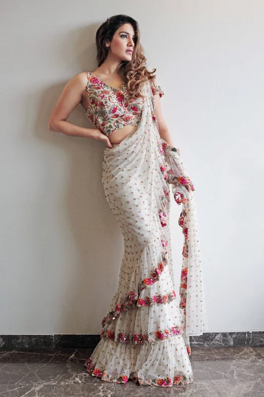 Lorenvalley Fashion White Faux Georgette Ruffle Saree with Fancy Sequence work & Blouse Floral Print Blouse Lorenvalley Fashion White Faux Georgette Ruffle Saree with Fancy Sequence work & Blouse Floral Print Blouse