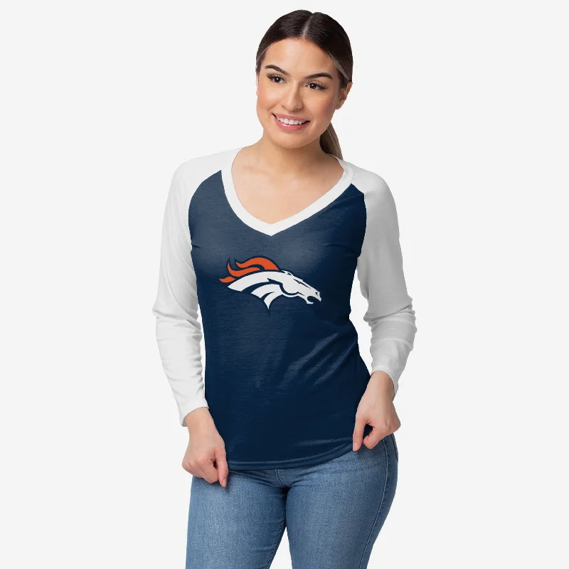 Denver Broncos Womens Big Logo Solid Raglan T-Shirt-- Graphic Embroidered Appliqued