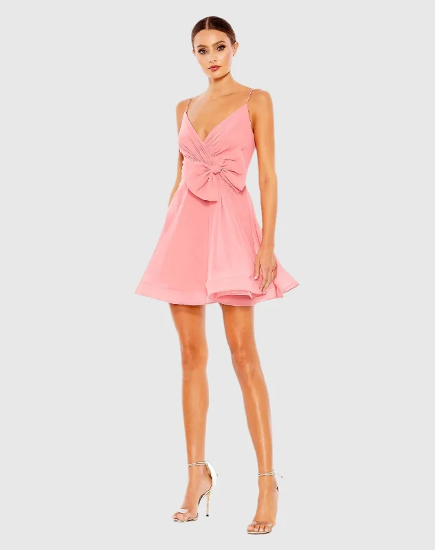Pink Faux Wrap Bow Detail Flowy Mini Dress Stylish Ribbed Mini Dress