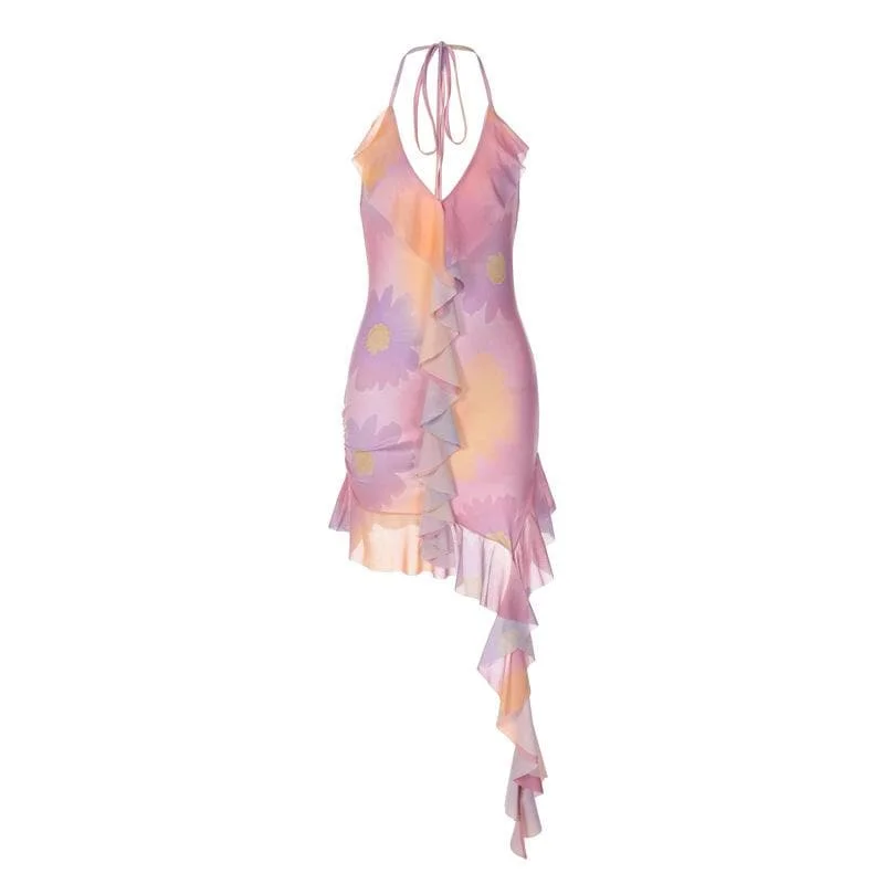 BerryBetty - Halter v neck ruffle backless ribbon contrast self tie mini dress Stylish Ruffle Mini Dress BerryBetty - Halter v neck ruffle backless ribbon contrast self tie mini dress Stylish Ruffle Mini Dress