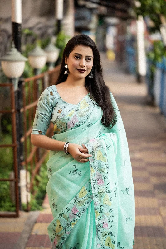 Seagreen Pure Linen Ethnic Motifs Saree with Unstitched Blouse - A2M Floral Chiffon Blouse Seagreen Pure Linen Ethnic Motifs Saree with Unstitched Blouse - A2M Floral Chiffon Blouse