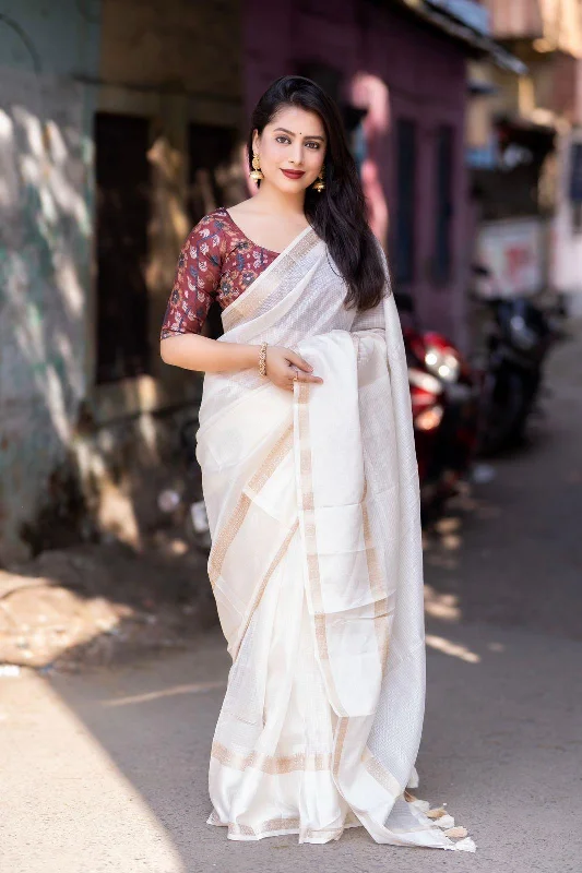 White Silk Blend Kalamkari Saree with Unstitched Blouse - A2M Oversized Silk Blouse