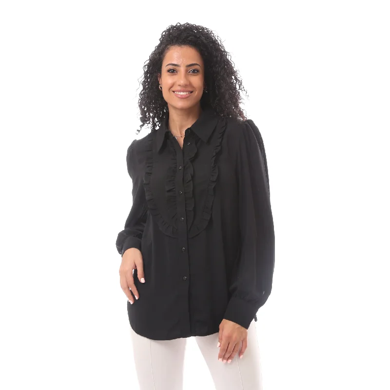 Puffy Sleeves Soft Blouse With Ruffle - Merch Stretchy Fitted Blouse