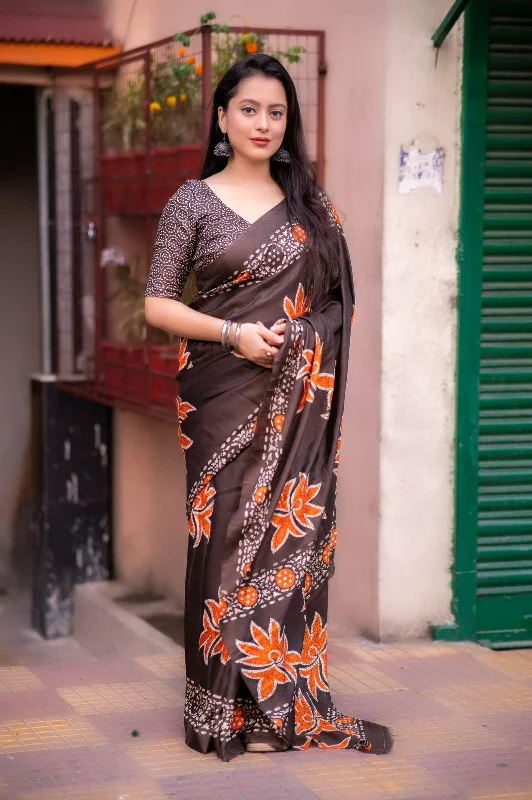 Coffee Silk Blend Ethnic Motifs Saree with Unstitched Blouse - A2M Double Button Blouse Coffee Silk Blend Ethnic Motifs Saree with Unstitched Blouse - A2M Double Button Blouse