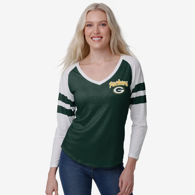 Green Bay Packers Womens Script Wordmark Striped Sleeve Raglan T-Shirt-- Ribbed Striped Patterned Green Bay Packers Womens Script Wordmark Striped Sleeve Raglan T-Shirt-- Ribbed Striped Patterned