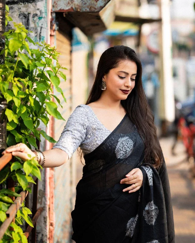 Black Pure Linen Woven Design Saree with Unstitched Blouse - A2M Feminine Tie Blouse Black Pure Linen Woven Design Saree with Unstitched Blouse - A2M Feminine Tie Blouse