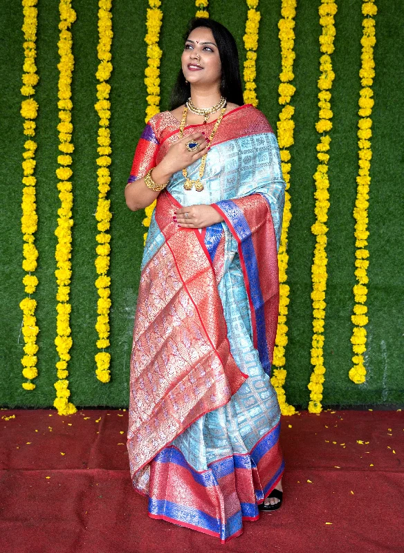 Jyoti Fashion Women's Sky Blue Kanchipuram Silk Zari Woven Saree with Blouse Sleeveless Summer Blouse Jyoti Fashion Women's Sky Blue Kanchipuram Silk Zari Woven Saree with Blouse Sleeveless Summer Blouse