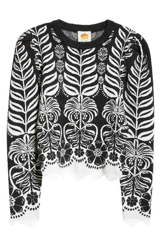 Farm Rio Women's Knit Blouse, Ainika Tropical Splendor Black Silky Draped Blouse