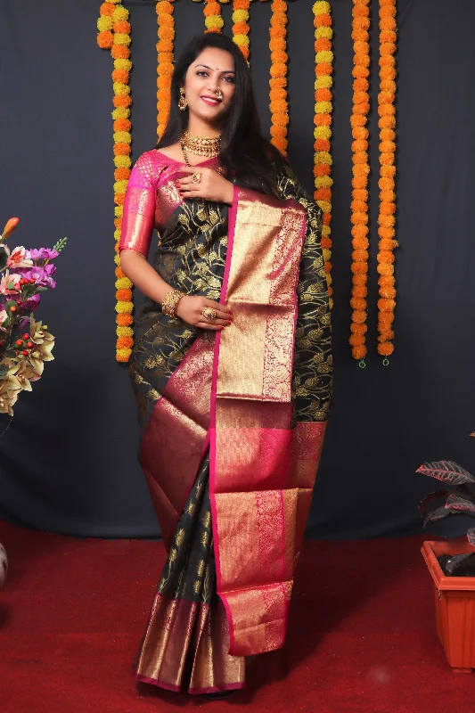 Jyoti Fashion Women's Black Kanchipuram Silk Zari Woven Saree with Blouse Modern Work Blouse Jyoti Fashion Women's Black Kanchipuram Silk Zari Woven Saree with Blouse Modern Work Blouse