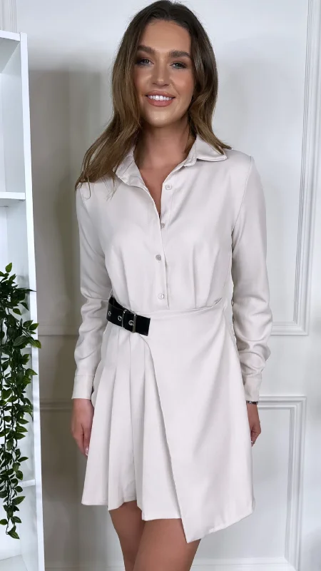 Sam Beige Collared Belted Mini Dress Trendy A-Line Mini Dress