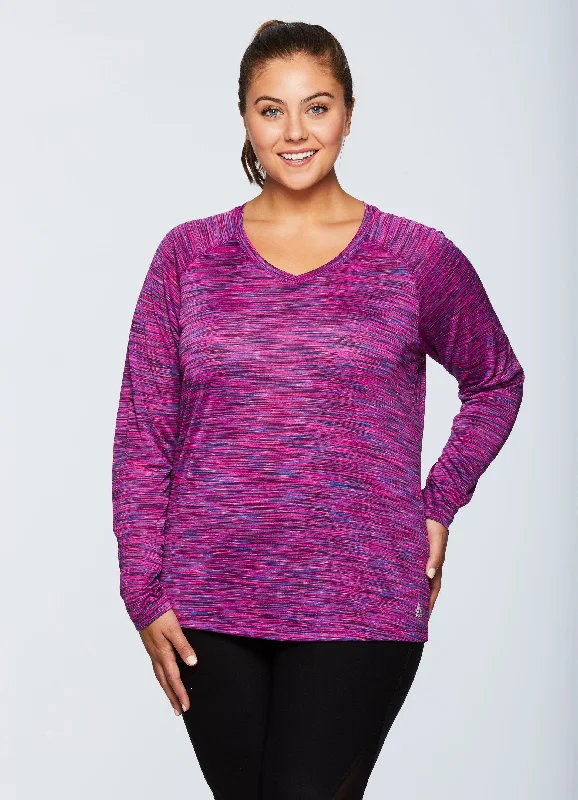 Plus Stratus Long Sleeve V-Neck Running T-Shirt-- Graphic Embroidered Appliqued