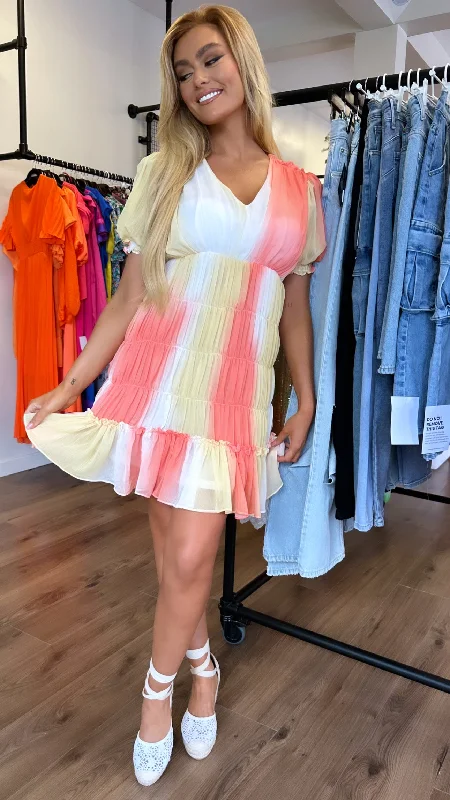 Hiah Orange & Yellow Puff Sleeve Mini Dress Elegant Vintage Mini Dress