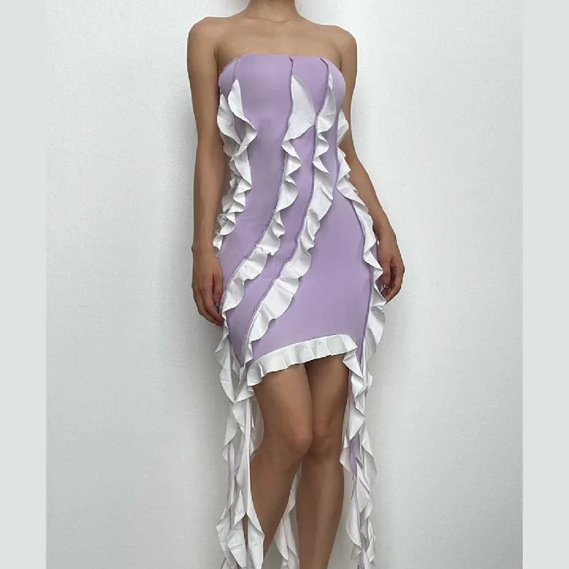 BerryBetty - Ruffle contrast irregular backless tube mini dress Stylish Short-Sleeve Mini Dress BerryBetty - Ruffle contrast irregular backless tube mini dress Stylish Short-Sleeve Mini Dress