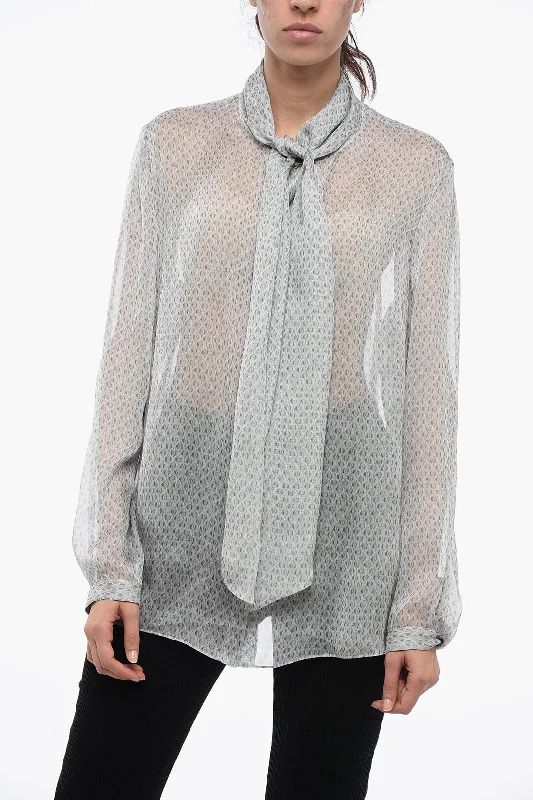 Armani EMPORIO Chiffon Blouse with Self-tie Detail 44 Italian size Embroidered Cotton Blouse
