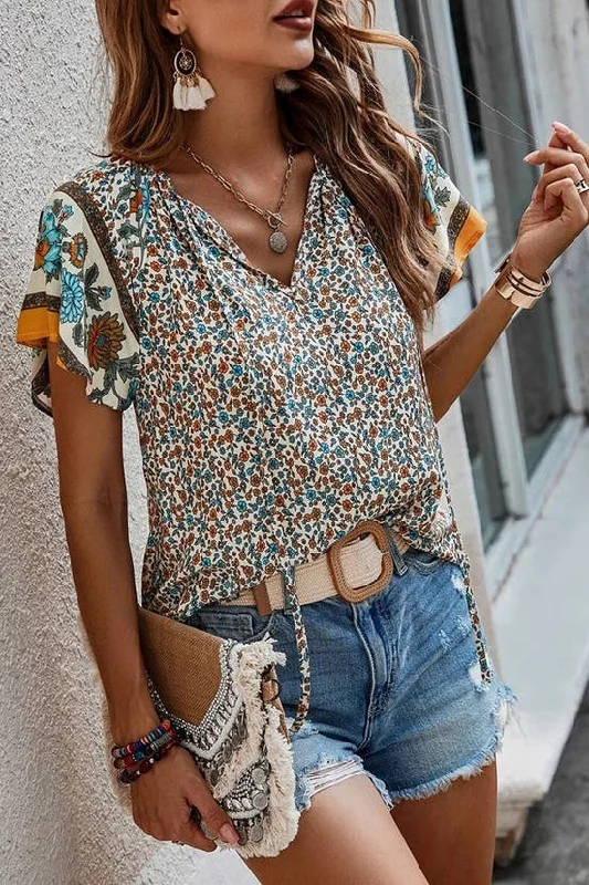 UNISHE - Ethnic Boho Print Split V Neck Flare Sleeves Blouse AXR025: Beige / S Embroidered Floral Blouse UNISHE - Ethnic Boho Print Split V Neck Flare Sleeves Blouse AXR025: Beige / S Embroidered Floral Blouse