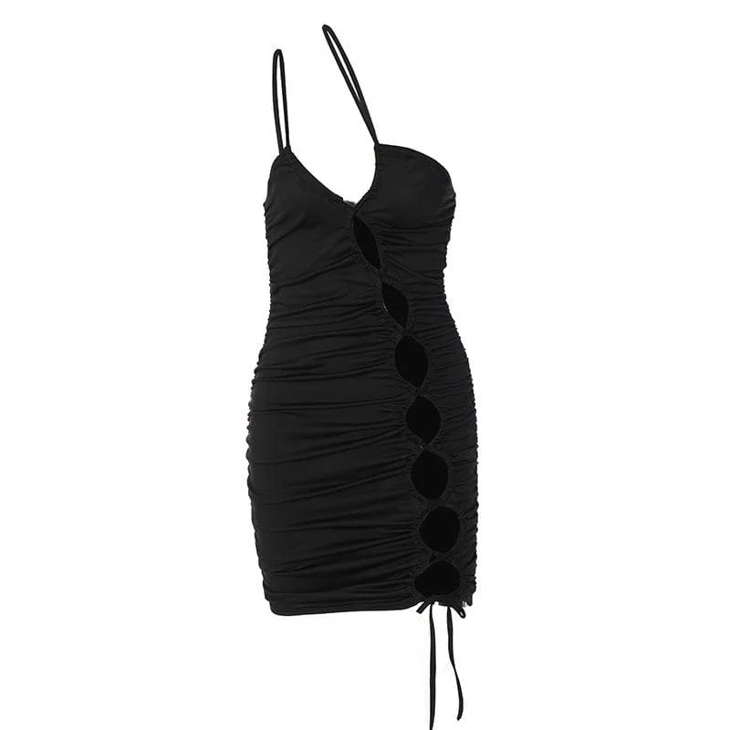 BerryBetty - Hollow out ruched solid one shoulder self tie backless mini dress Classic Casual Mini Dress BerryBetty - Hollow out ruched solid one shoulder self tie backless mini dress Classic Casual Mini Dress