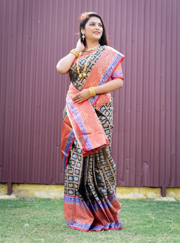 Jyoti Fashion Women's Black Kanchipuram Silk Zari Woven Saree with Blouse Playful Puff Blouse
