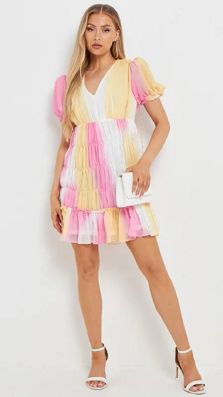 Campbell Pink & Yellow Puff Sleeve Mini Dress Fashionable Lace-Trim Mini Dress