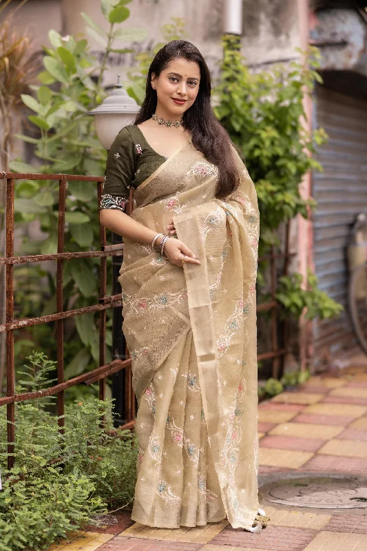 Olive Pure Linen Ethnic Motifs Saree with Unstitched Blouse - A2M Frilled Cuff Blouse Olive Pure Linen Ethnic Motifs Saree with Unstitched Blouse - A2M Frilled Cuff Blouse