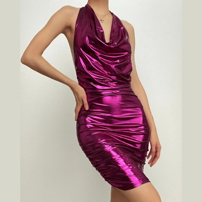 BerryBetty - Cowl neck halter textured backless solid ruched mini dress - Final Sale Trendy Tulle Mini Dress BerryBetty - Cowl neck halter textured backless solid ruched mini dress - Final Sale Trendy Tulle Mini Dress