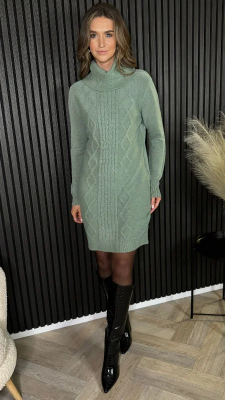 Croia Light Green Cable Knit Polo Neck Jumper Mini Dress Trendy Mesh Mini Dress