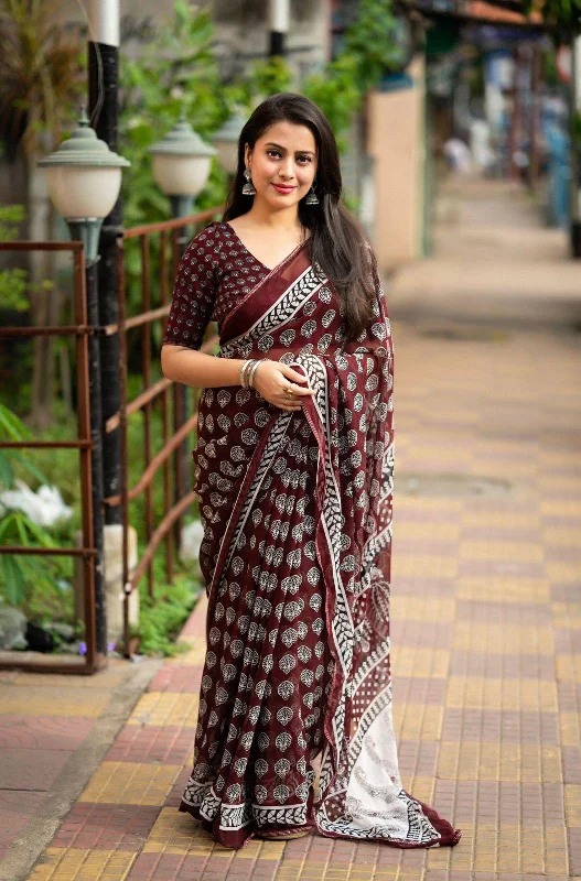 Maroon Poly Georgette Ajrak Saree with Unstitched Blouse - A2M Ruffled Neck Blouse