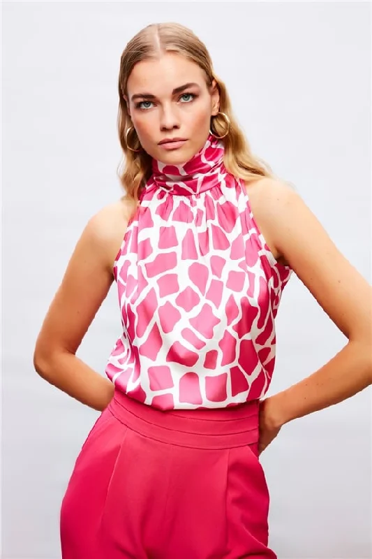 Patterned Sleeveless Blouse - PINK Sweetheart Neck Blouse
