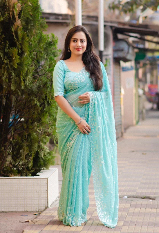 Sky Pure Chiffon Woven Design Saree with Unstitched Blouse - A2M Classic White Blouse Sky Pure Chiffon Woven Design Saree with Unstitched Blouse - A2M Classic White Blouse