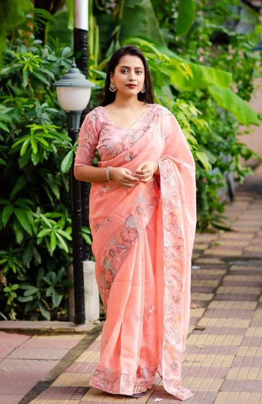 Pink Pure Linen Ethnic Motifs Saree with Unstitched Blouse - A2M Chic Sleeveless Blouse Pink Pure Linen Ethnic Motifs Saree with Unstitched Blouse - A2M Chic Sleeveless Blouse