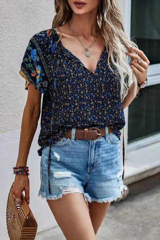 Navy Boho Print Split V Neck Flare Sleeves Blouse Medium Chic Off-Shoulder Blouse