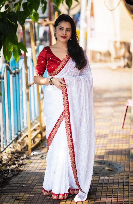 White Pure Georgette Woven Design Saree with Unstitched Blouse - A2M Modern Work Blouse White Pure Georgette Woven Design Saree with Unstitched Blouse - A2M Modern Work Blouse