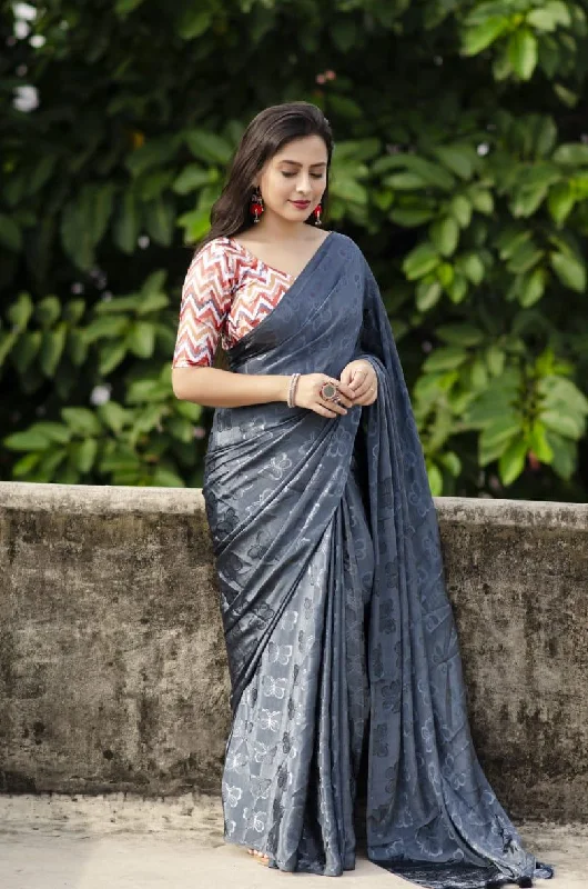 Grey Silk Blend Ethnic Motifs Saree with Unstitched Blouse - A2M Embroidered Cotton Blouse Grey Silk Blend Ethnic Motifs Saree with Unstitched Blouse - A2M Embroidered Cotton Blouse