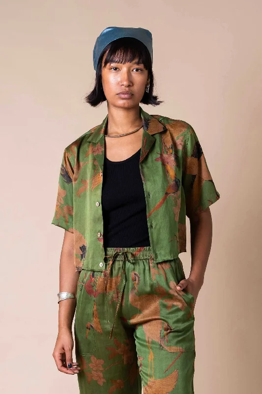 Verdant Cranes Cropped Camp Collar Shirt-- Machine Wash Dry Clean Hand Wash