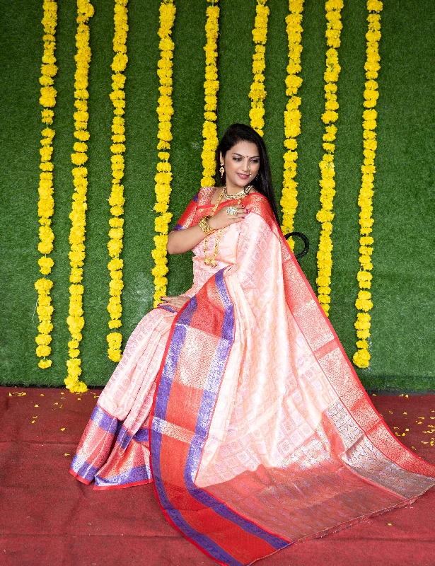 Jyoti Fashion Women's Peach Kanchipuram Silk Zari Woven Saree with Blouse Classic White Blouse Jyoti Fashion Women's Peach Kanchipuram Silk Zari Woven Saree with Blouse Classic White Blouse