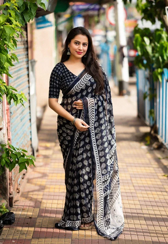 Navy Blue Poly Georgette Ajrak Saree with Unstitched Blouse - A2M Cotton Casual Blouse Navy Blue Poly Georgette Ajrak Saree with Unstitched Blouse - A2M Cotton Casual Blouse
