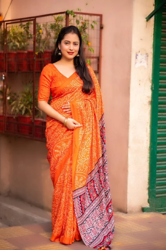 Orange Silk Blend Ajrak Saree with Unstitched Blouse - A2M Delicate Bow Blouse