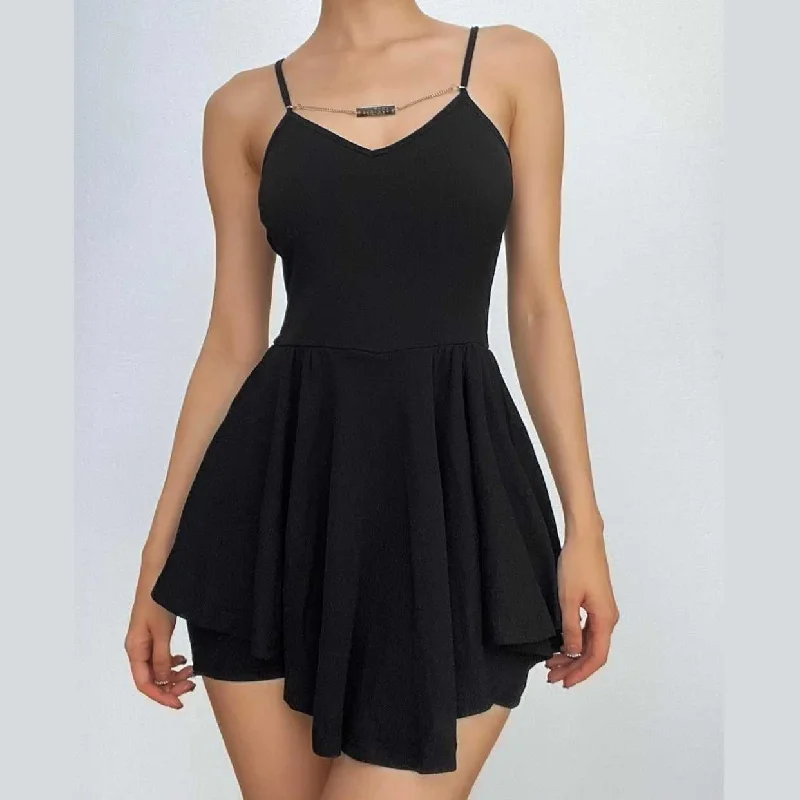 BerryBetty - Metal chain v neck solid ruched backless cami mini dress Casual High-Waist Mini Dress BerryBetty - Metal chain v neck solid ruched backless cami mini dress Casual High-Waist Mini Dress