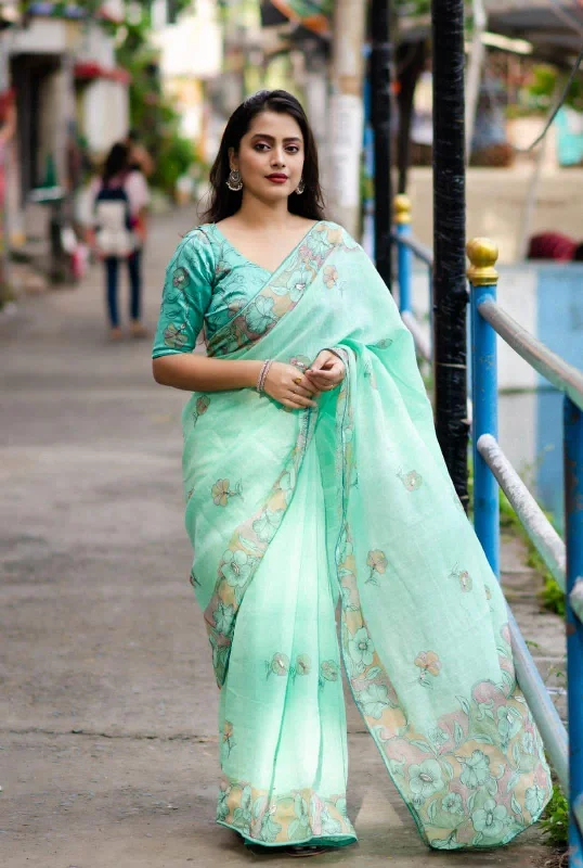 Seagreen Pure Linen Ethnic Motifs Saree with Unstitched Blouse - A2M Silky Tunic Blouse Seagreen Pure Linen Ethnic Motifs Saree with Unstitched Blouse - A2M Silky Tunic Blouse