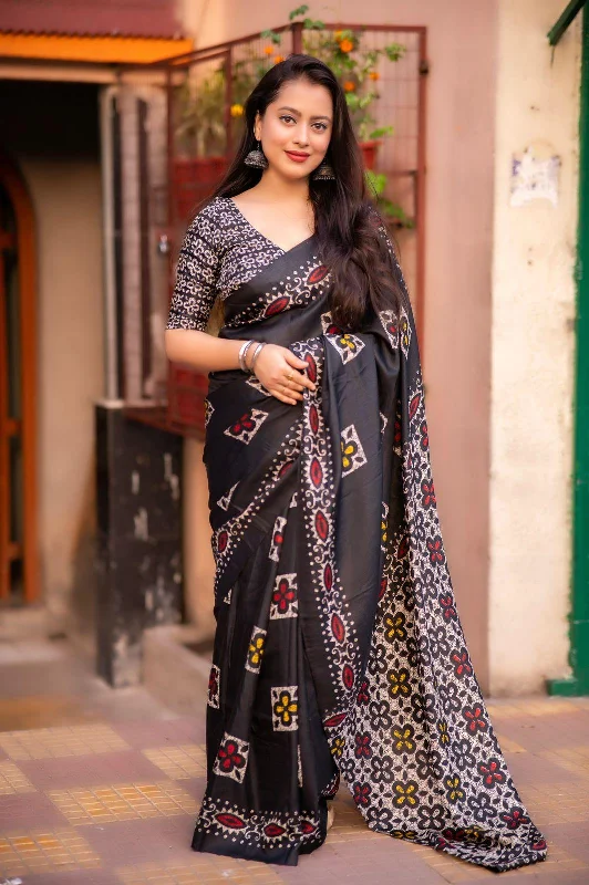 Black Silk Blend Ethnic Motifs Saree with Unstitched Blouse - A2M Soft Knit Blouse