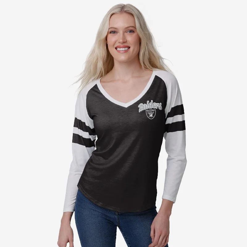 Las Vegas Raiders Womens Script Wordmark Striped Sleeve Raglan T-Shirt-- Nylon Fabric Polyester Fabric Spandex Fabric
