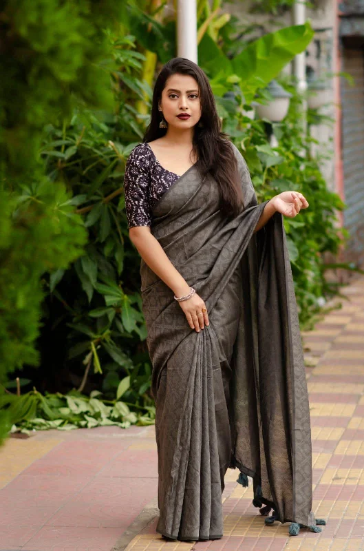 Grey Jute Silk Woven Design Saree with Unstitched Blouse - A2M Feminine Satin Blouse Grey Jute Silk Woven Design Saree with Unstitched Blouse - A2M Feminine Satin Blouse